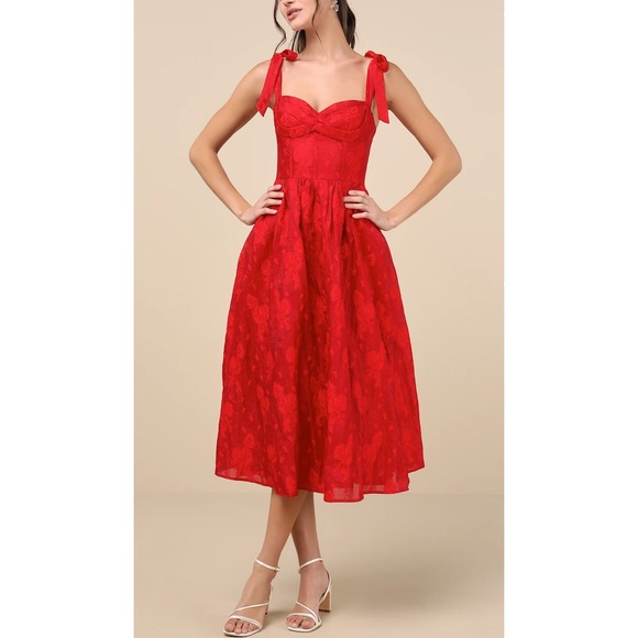 Lulus Dresses & Skirts - NWT Lulus Loveliest Muse Red Burnout Floral Tie-Strap Midi Dress Sz M